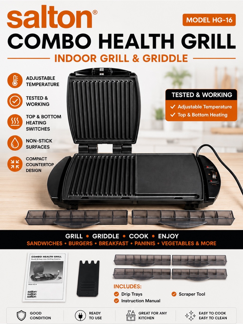 Salton HG-16 Combo Health Grill & Griddle Indoor Electric Grill Nonstick Tested